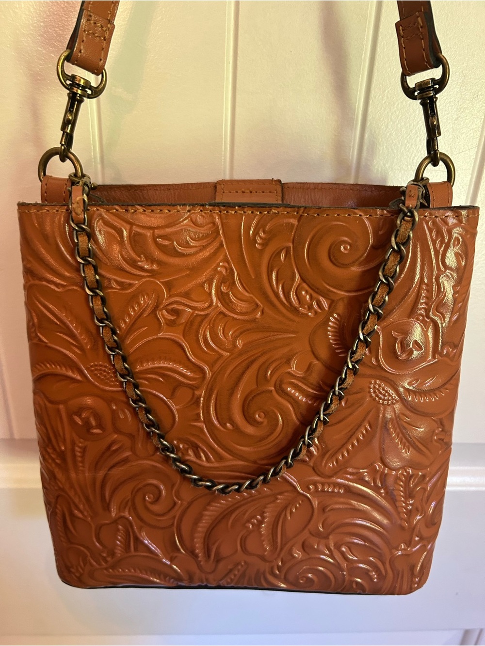 Patricia Nash Embossed Floral Leather Shoulder Bag - Cognac